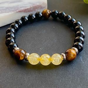 Mens Bracelet Citrine, Tiger’s Eye and black Tourmaline Beaded Bracelet Stretch